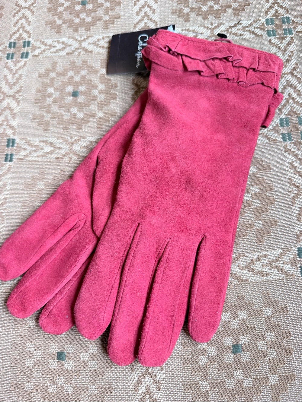 NWT Cole Haan Suede Double Ruffle Gloves Red Large